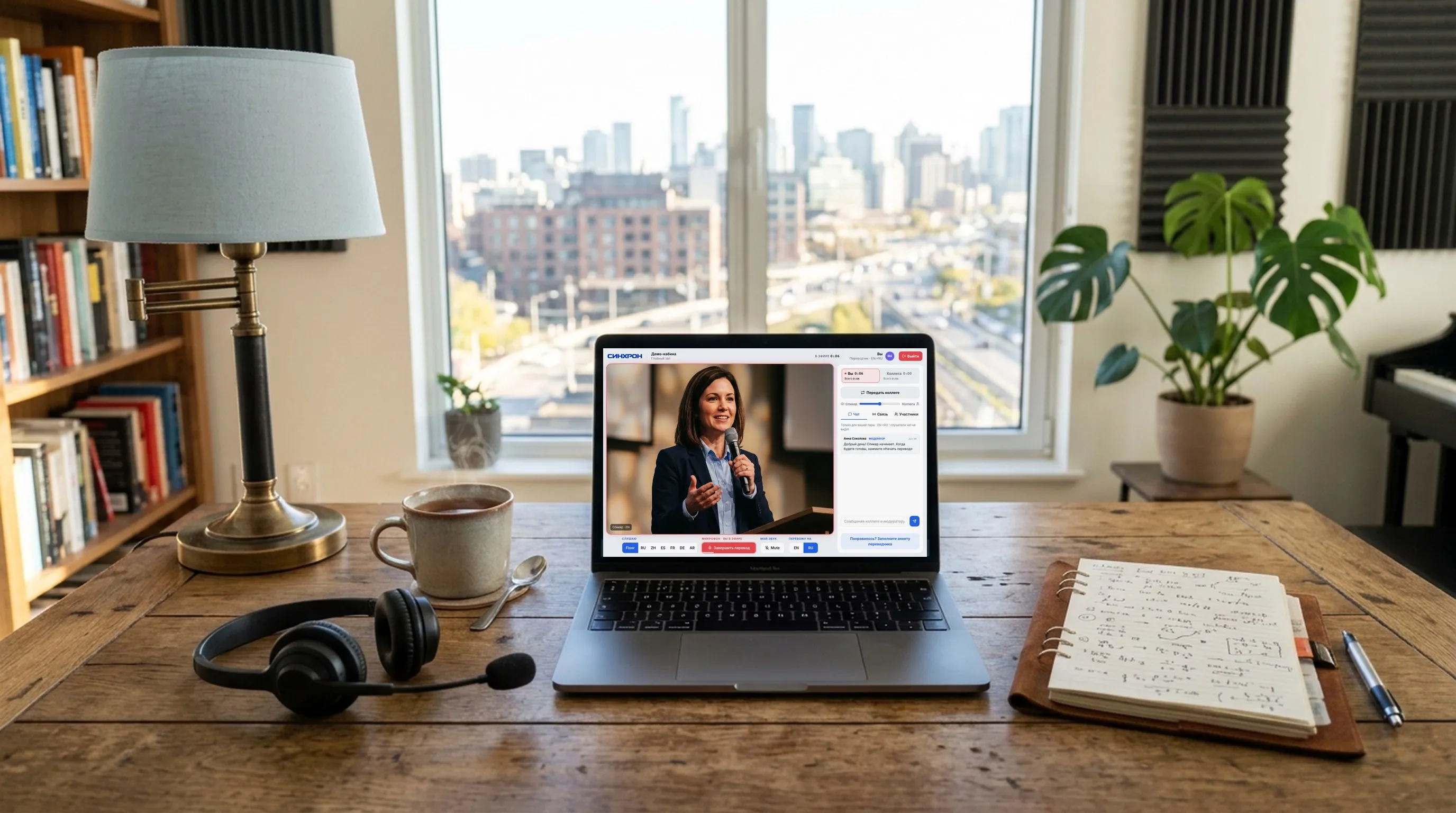 An interpreter's home workplace: a laptop with the SINHRON booth on air, a headset and a cup of tea